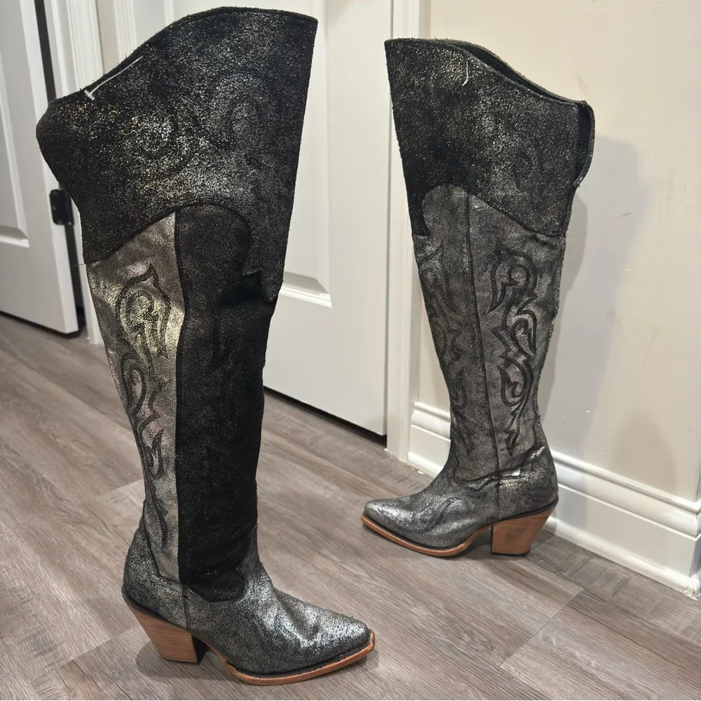 Corral Boots Metallic Tall OTK Silver Black Suede Leather Western Boots Z5245